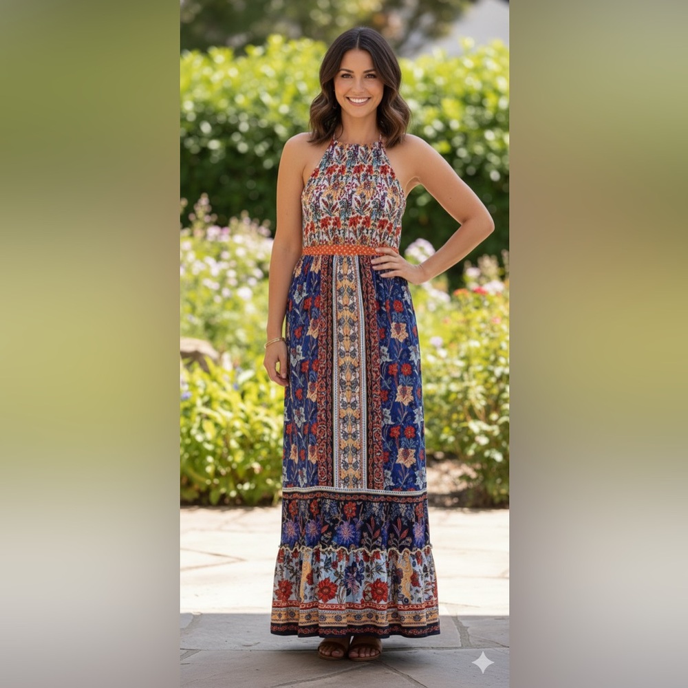 NWOT Maggy London Women's Multicolor Blue Print High Neck Maxi Dress Size 2